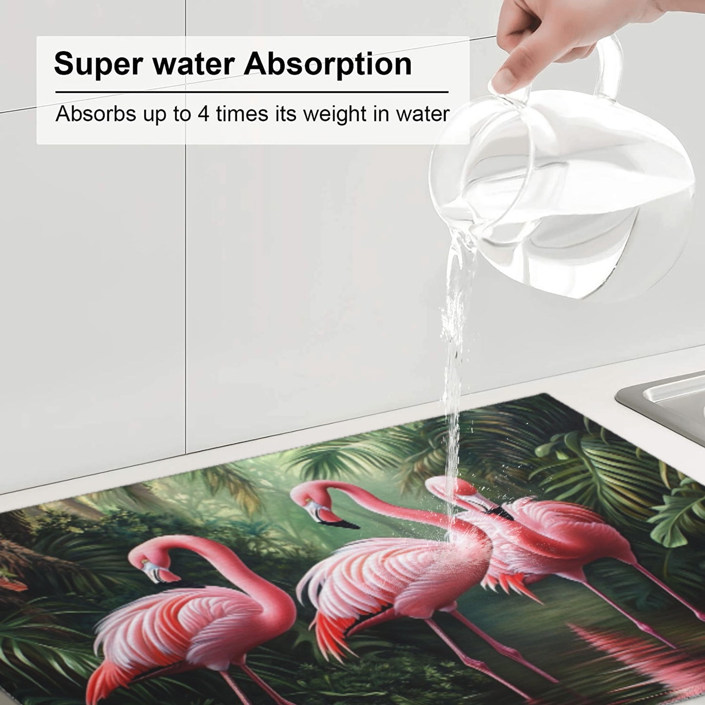 Tropical Flamingo Pattern Kitchen Drying Mat