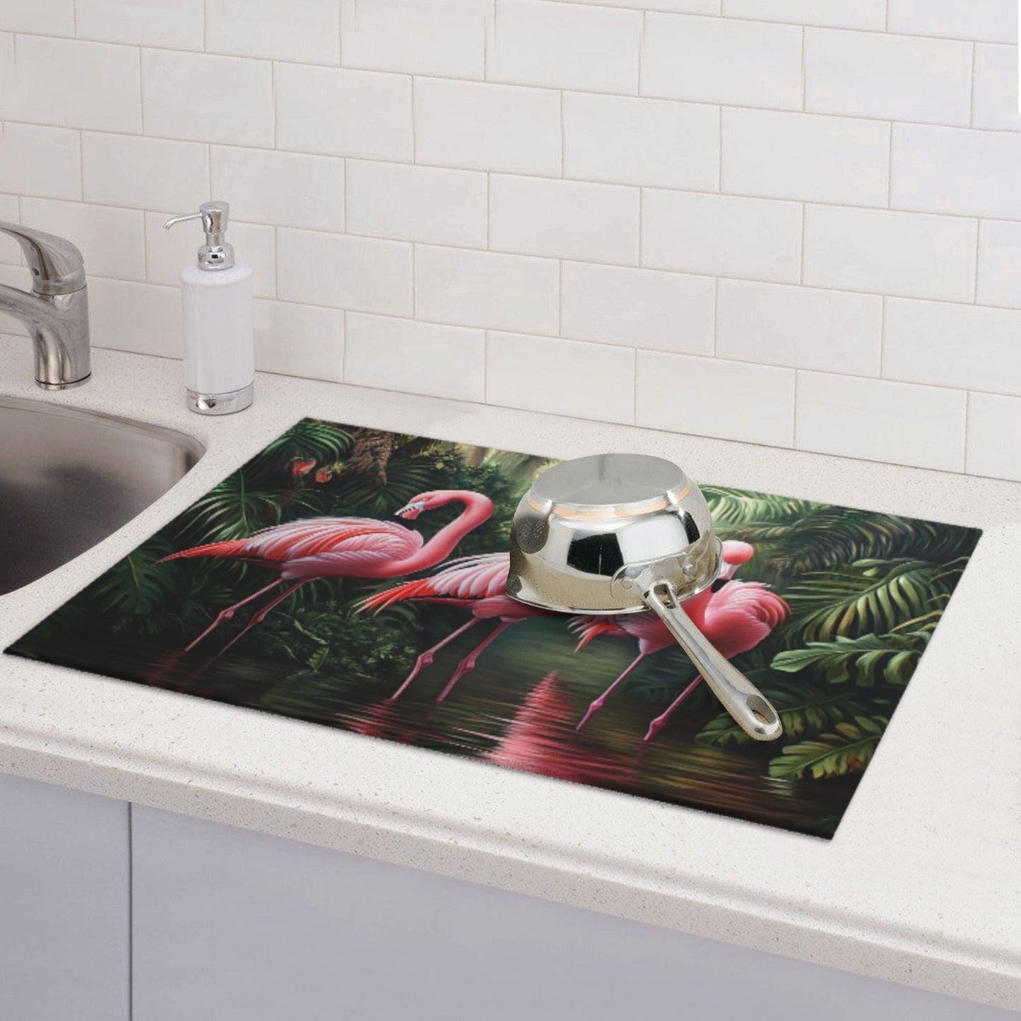 Tropical Flamingo Pattern Kitchen Drying Mat