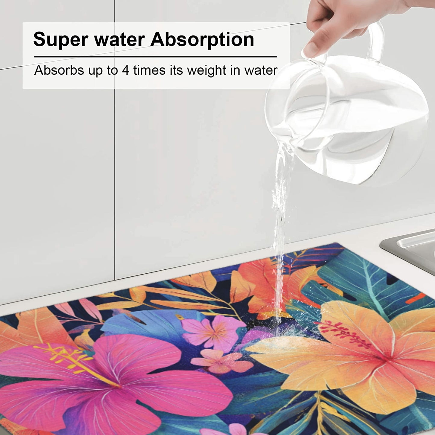 Tropical Floral Pattern Kitchen Drying Mat