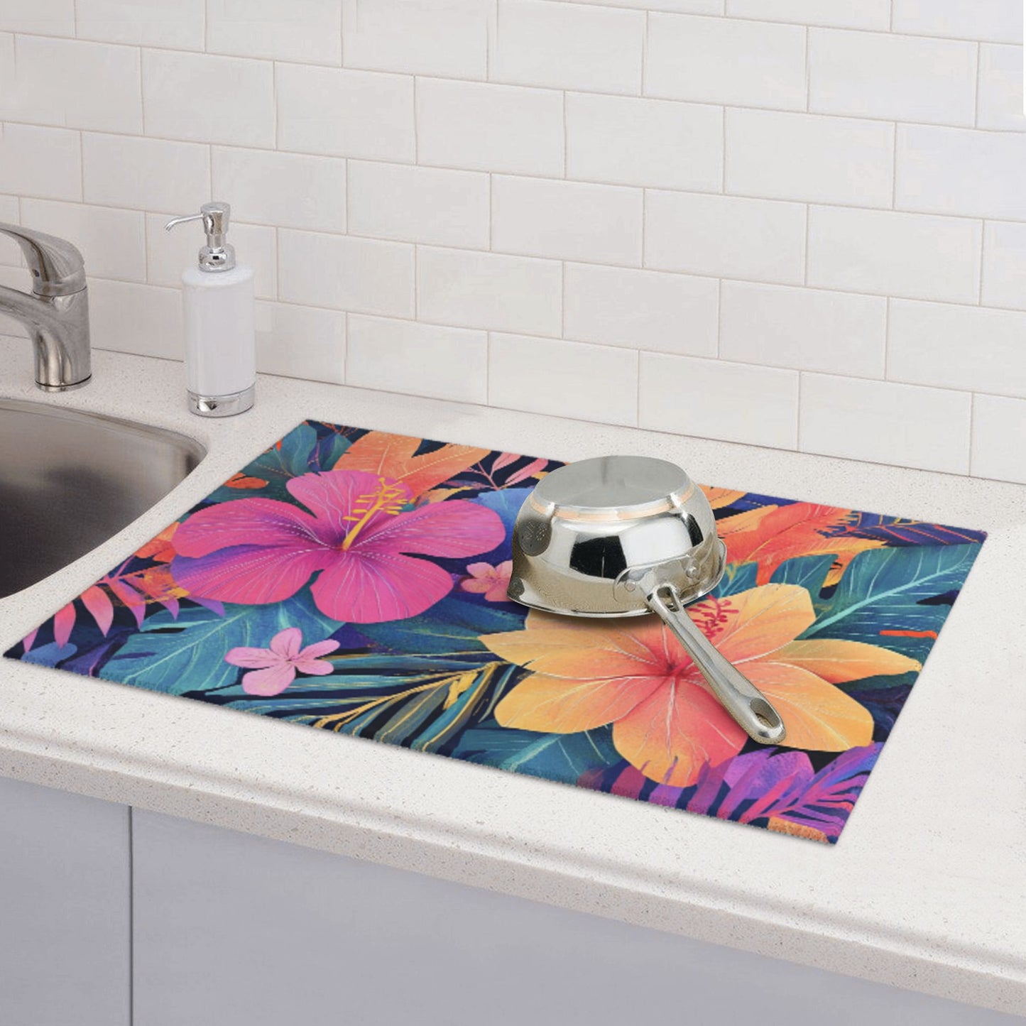 Tropical Floral Pattern Kitchen Drying Mat