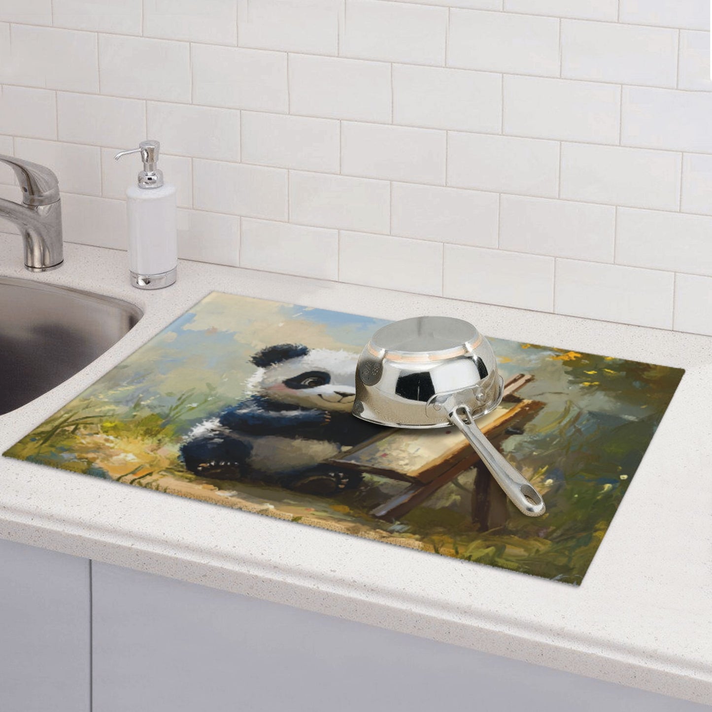Cute Panda Illustration Kitchen Drying Mat