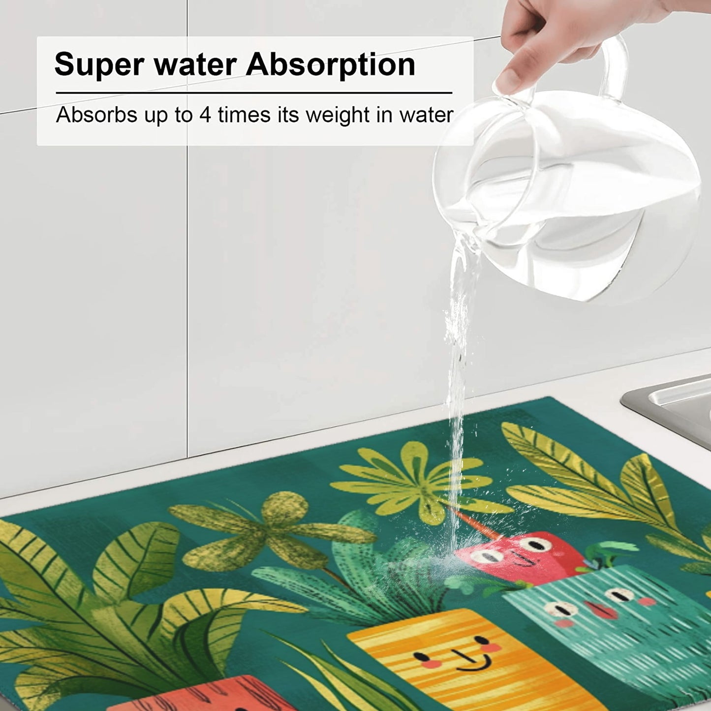 Cute Cartoon Plant Pattern Kitchen Drying Mat, Non-Slip Absorbent Counter Protector