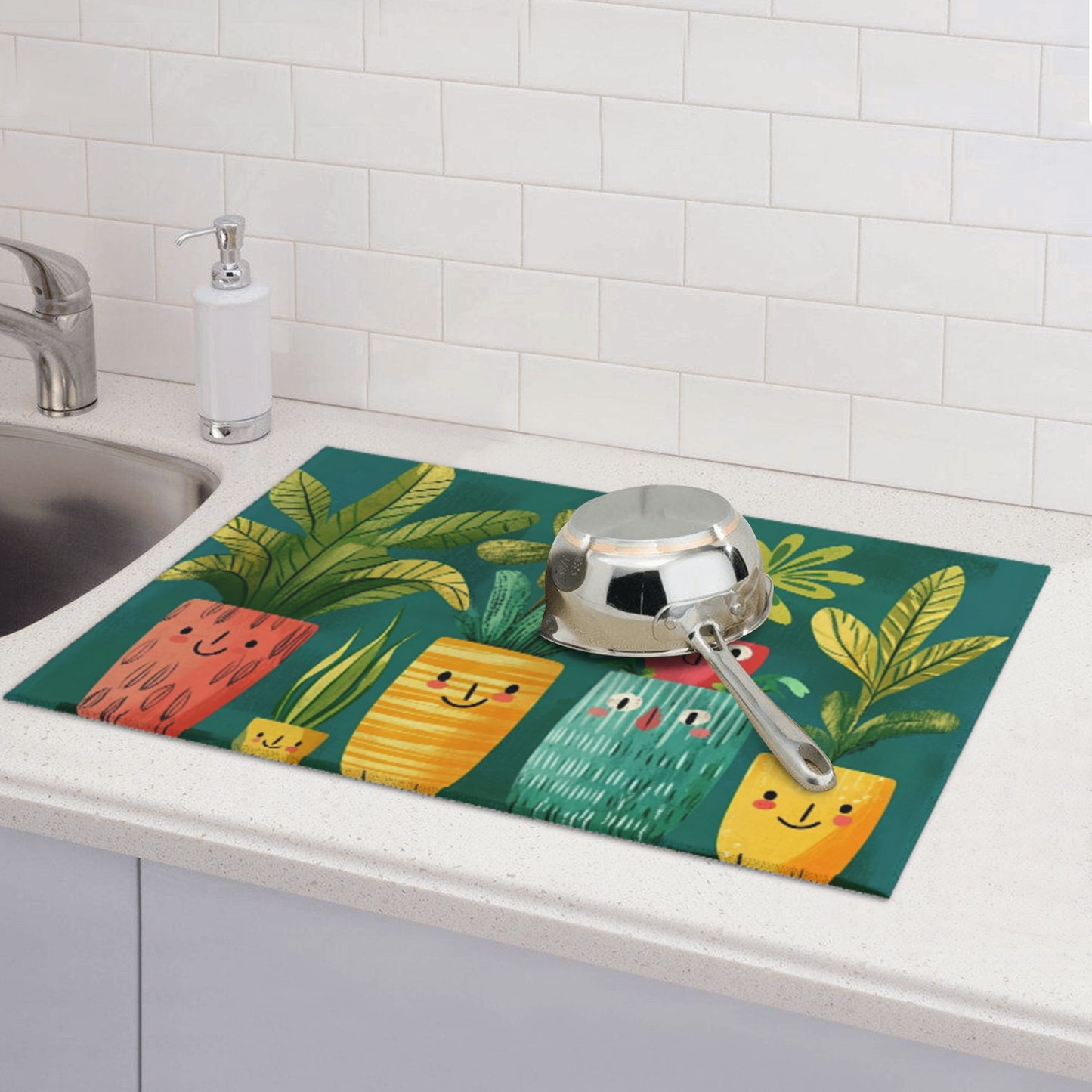 Cute Cartoon Plant Pattern Kitchen Drying Mat, Non-Slip Absorbent Counter Protector