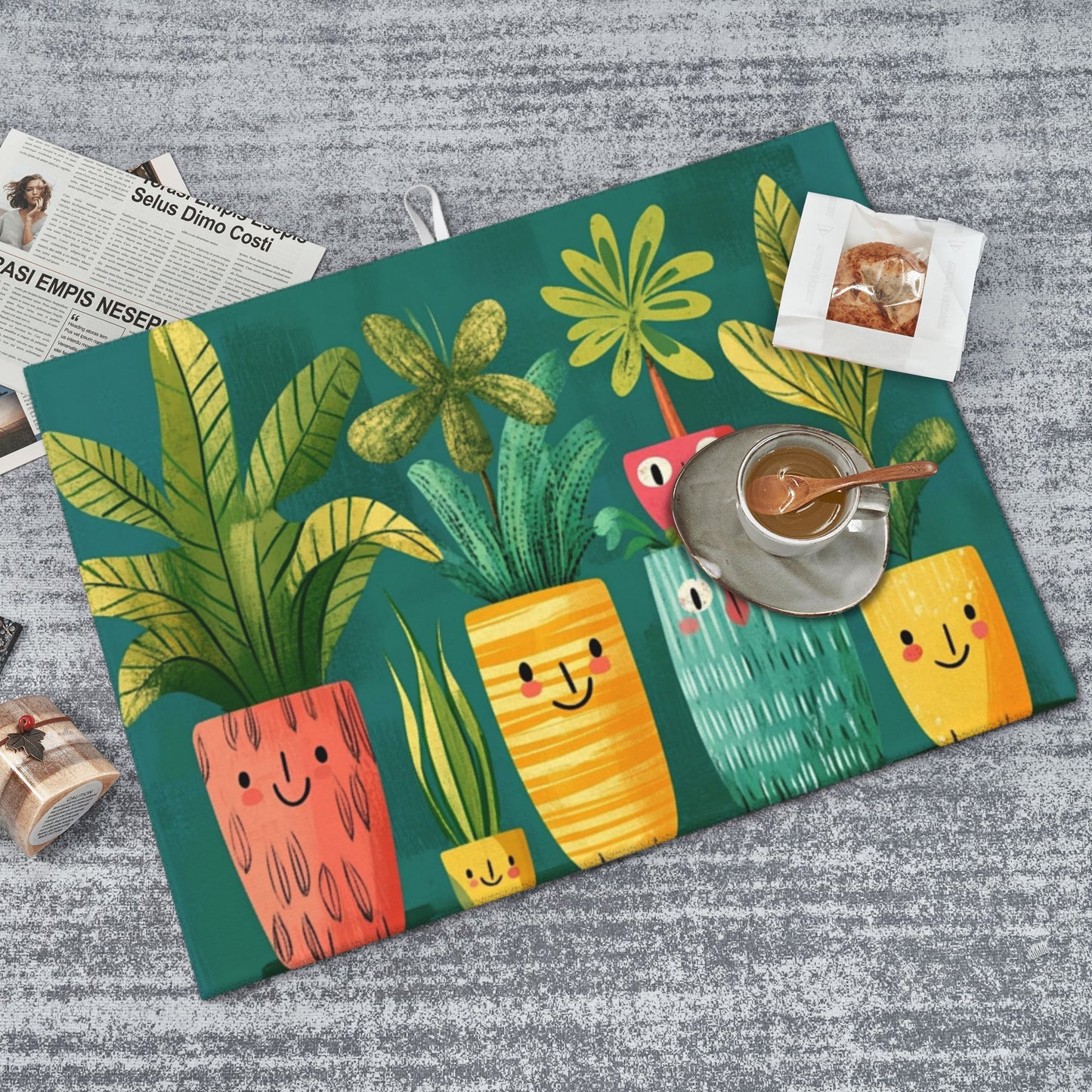 Cute Cartoon Plant Pattern Kitchen Drying Mat, Non-Slip Absorbent Counter Protector