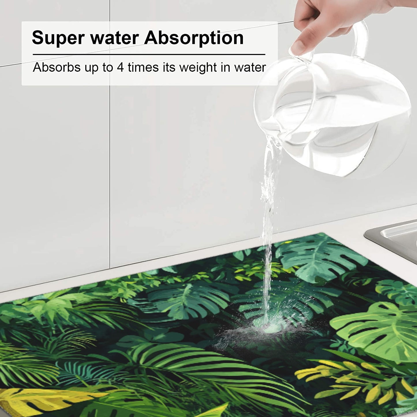 Large Tropical Green Plant Kitchen Drying Mat, Absorbent Non-Slip Counter Protector