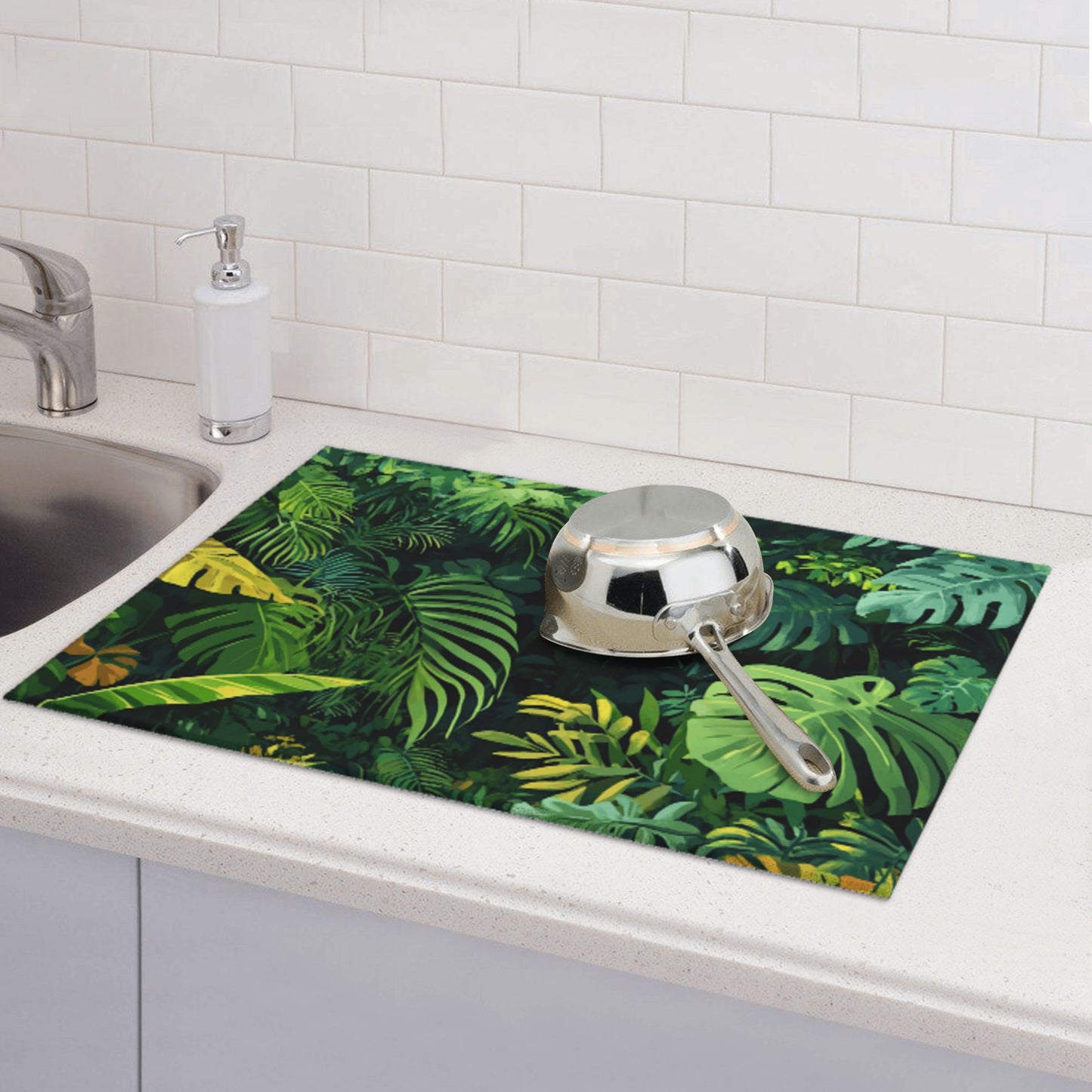 Large Tropical Green Plant Kitchen Drying Mat, Absorbent Non-Slip Counter Protector