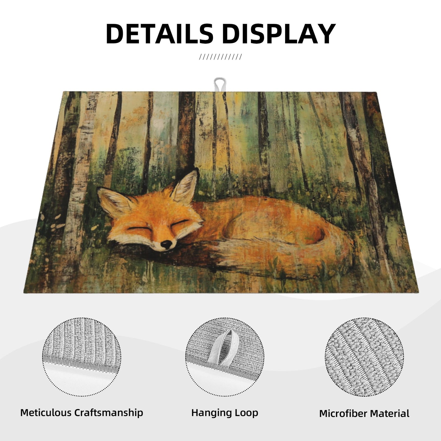 Large Sleeping Fox Forest Kitchen Drying Mat, Absorbent Non-Slip Counter Protector