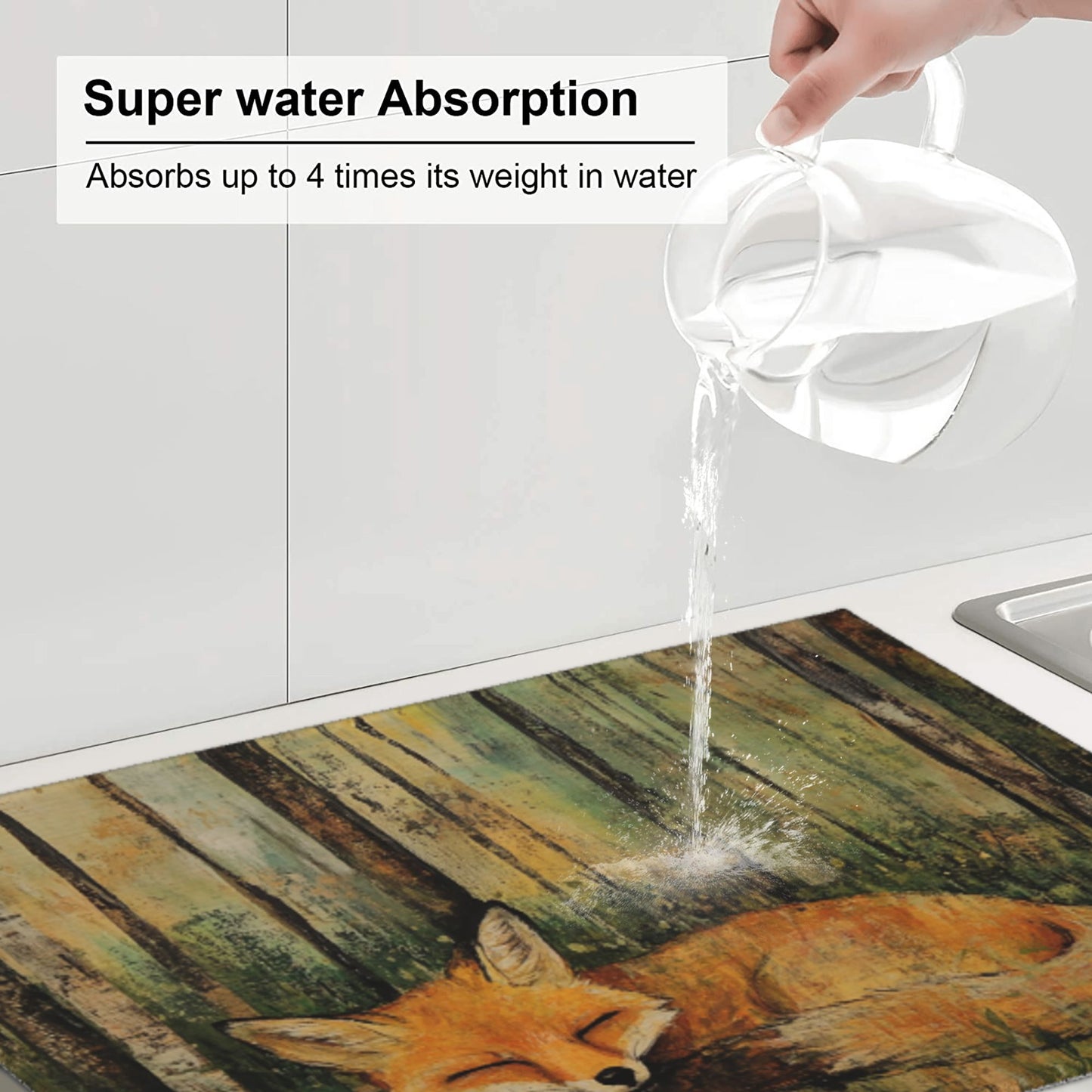 Large Sleeping Fox Forest Kitchen Drying Mat, Absorbent Non-Slip Counter Protector