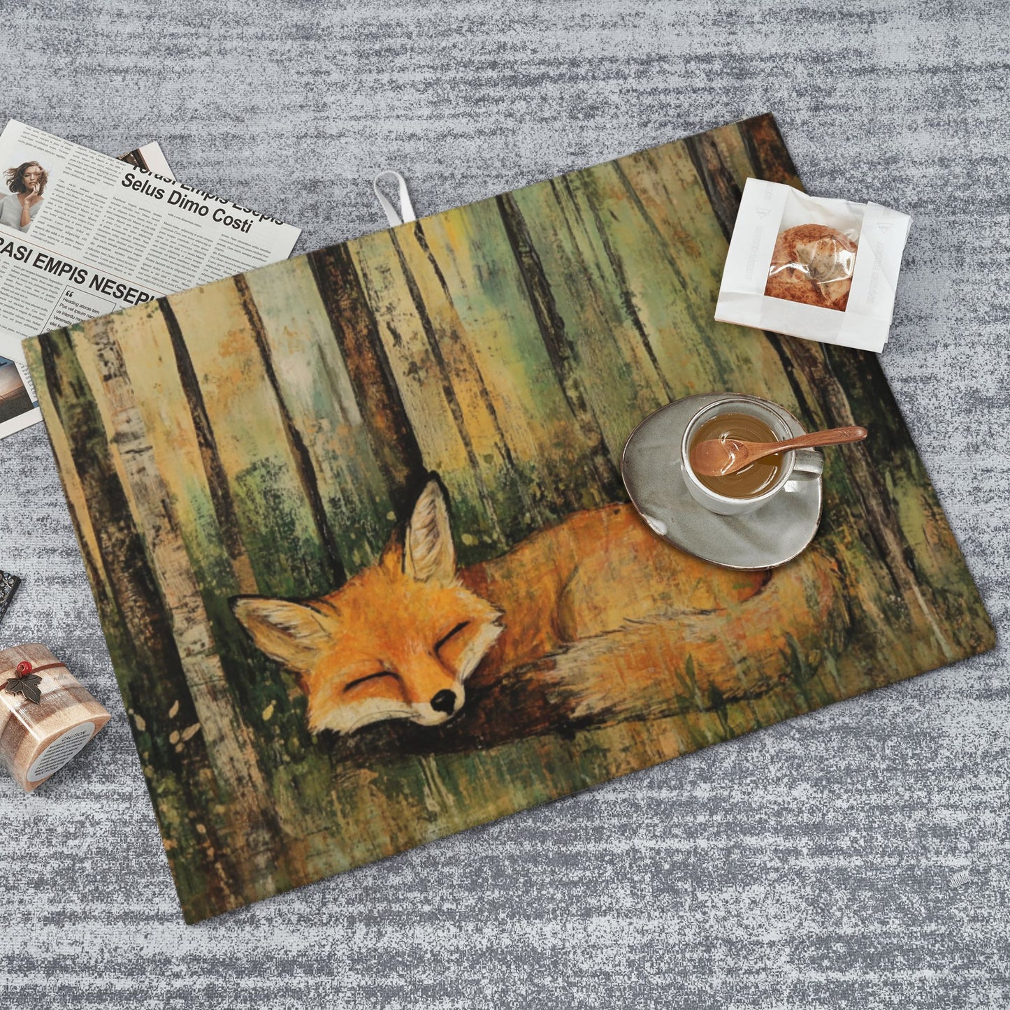 Large Sleeping Fox Forest Kitchen Drying Mat, Absorbent Non-Slip Counter Protector