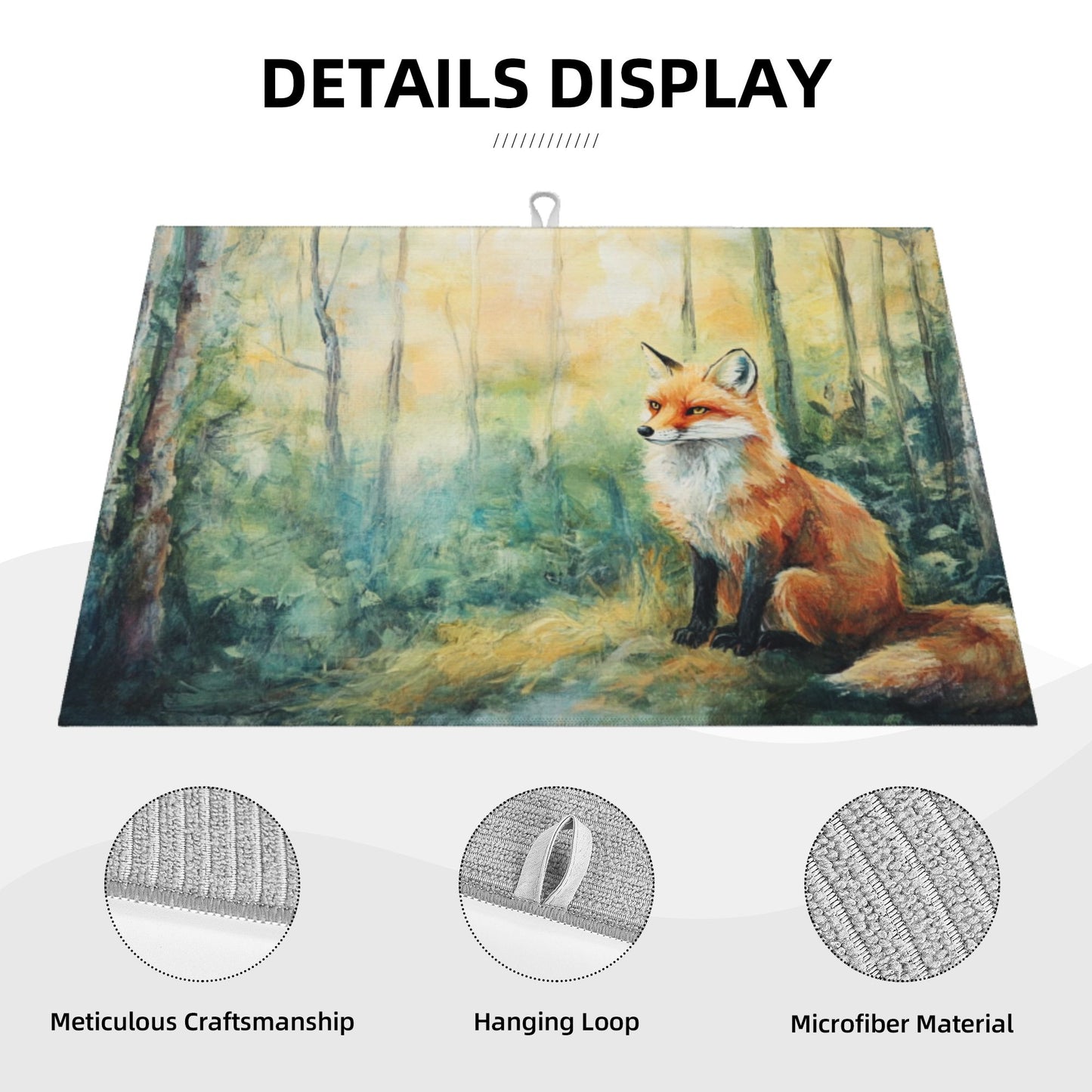 Large Forest Fox Illustration Kitchen Drying Mat, Absorbent Non-Slip Counter Protector