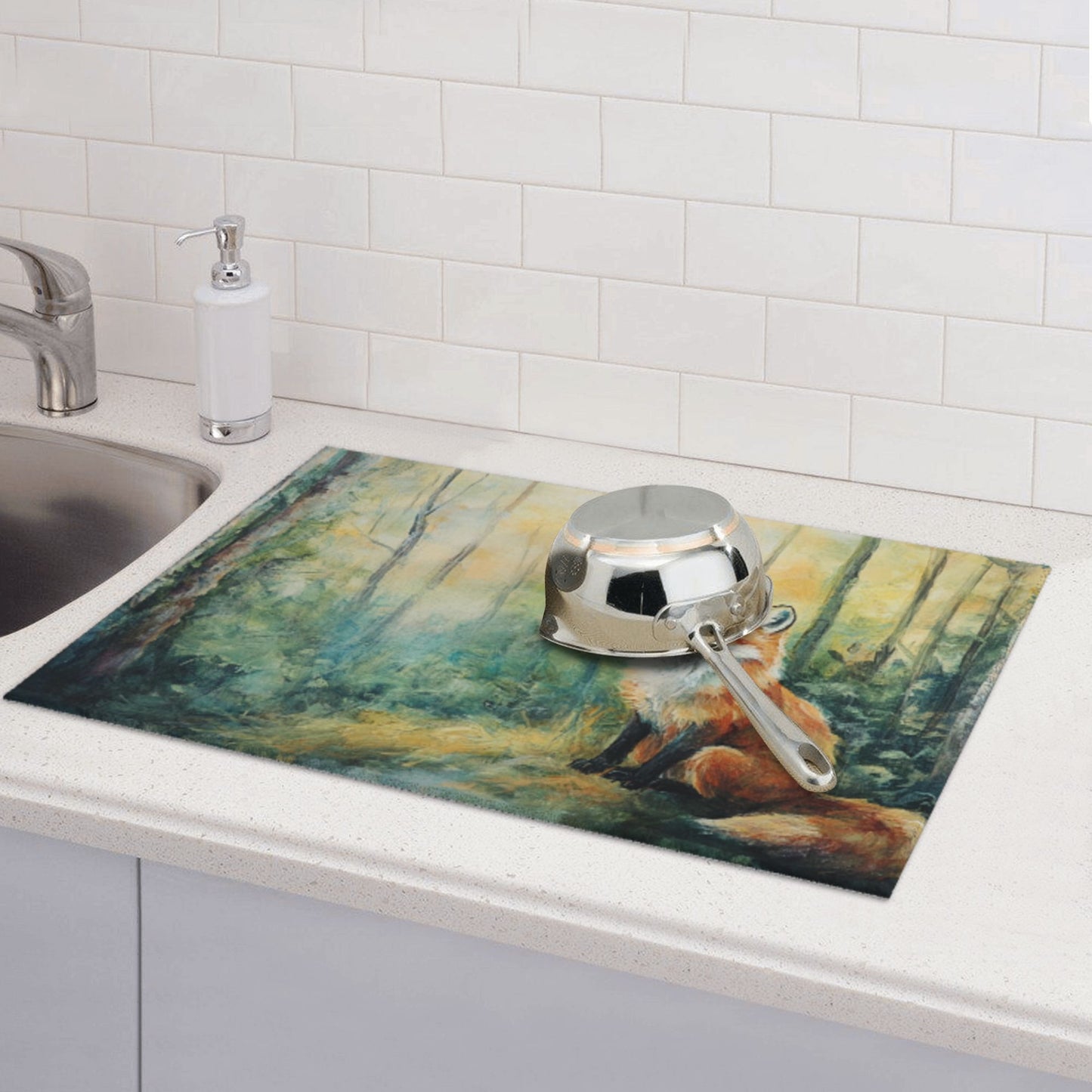 Large Forest Fox Illustration Kitchen Drying Mat, Absorbent Non-Slip Counter Protector
