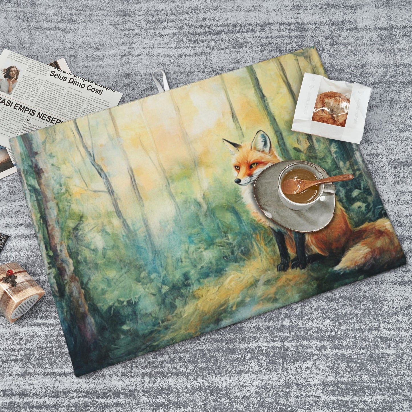 Large Forest Fox Illustration Kitchen Drying Mat, Absorbent Non-Slip Counter Protector