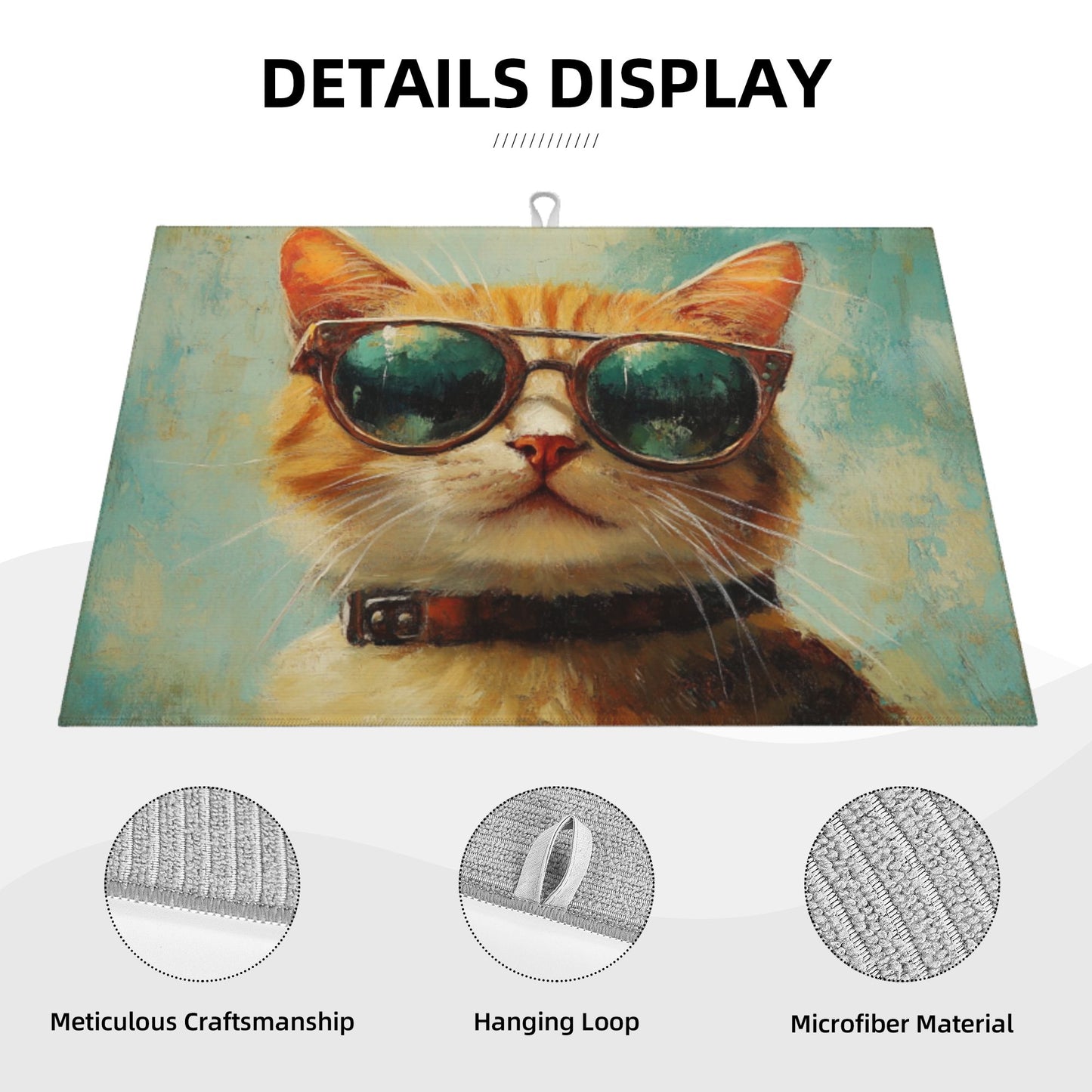 Large Cool Cat with Sunglasses Kitchen Drying Mat, Absorbent Non-Slip Counter Protector