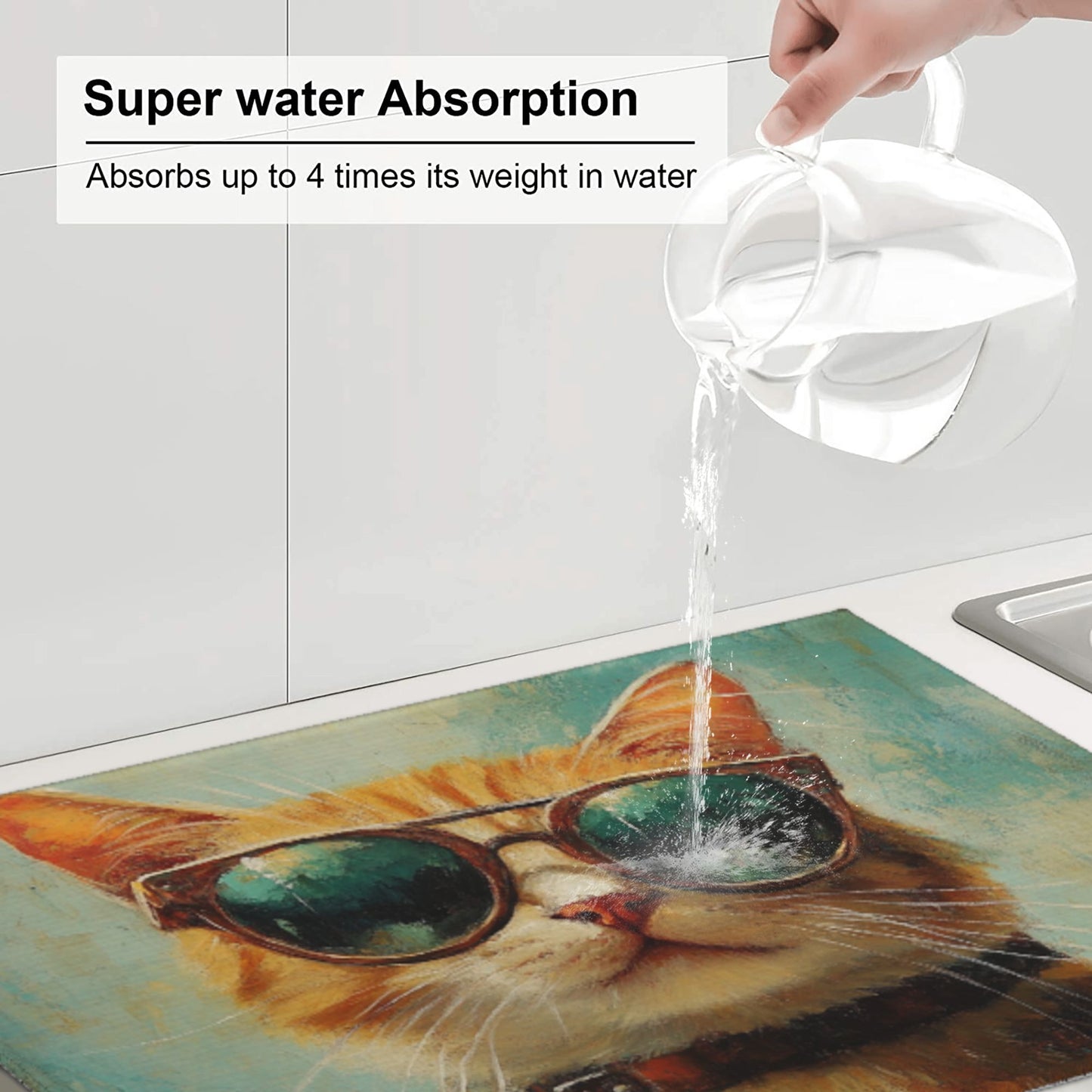 Large Cool Cat with Sunglasses Kitchen Drying Mat, Absorbent Non-Slip Counter Protector