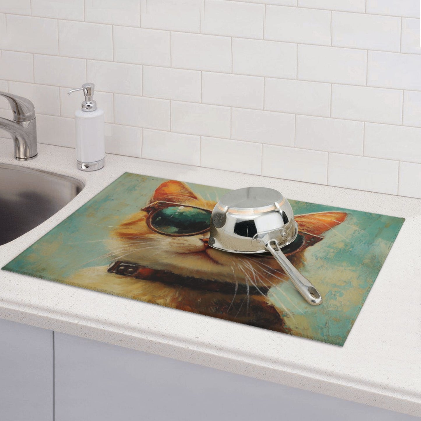 Large Cool Cat with Sunglasses Kitchen Drying Mat, Absorbent Non-Slip Counter Protector