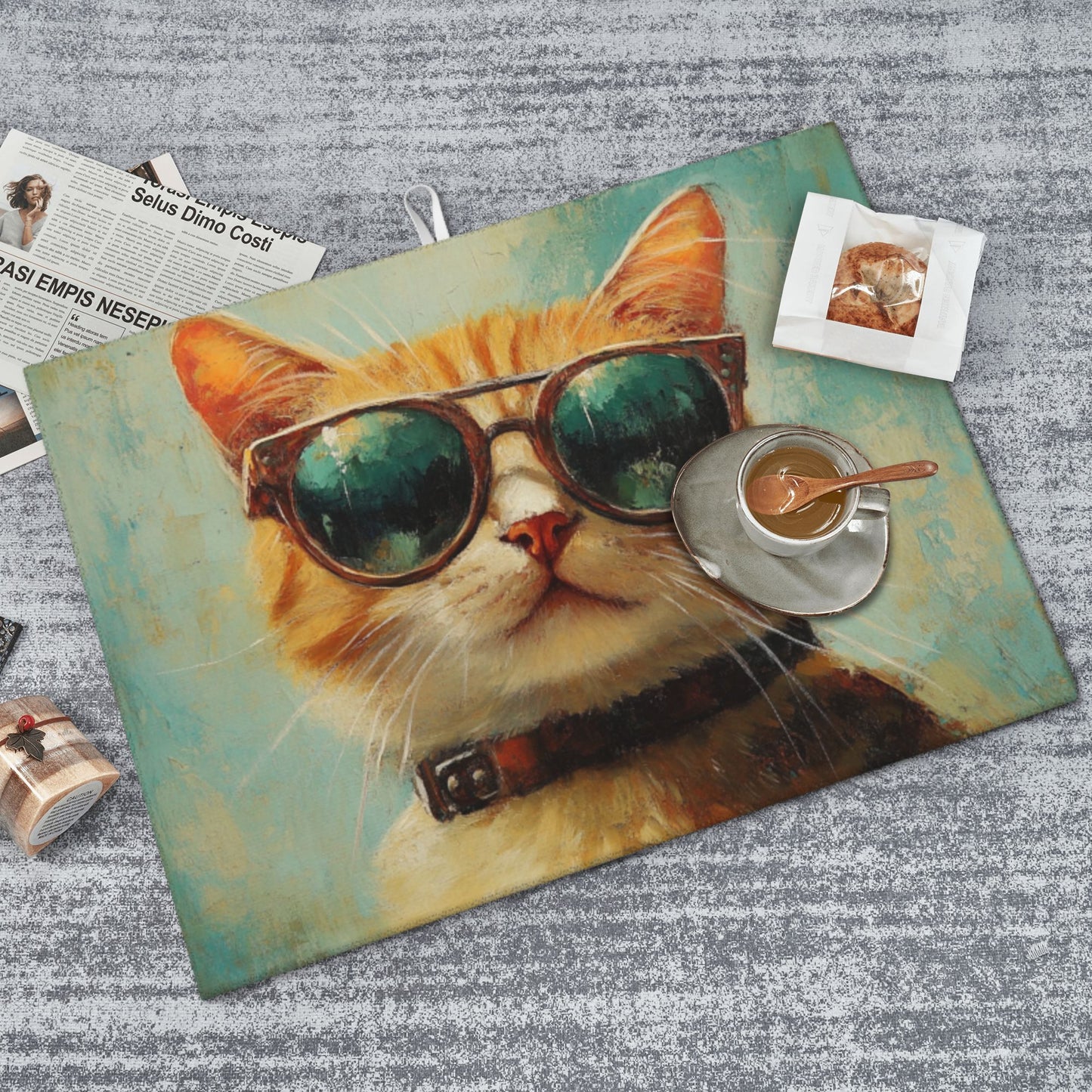 Large Cool Cat with Sunglasses Kitchen Drying Mat, Absorbent Non-Slip Counter Protector