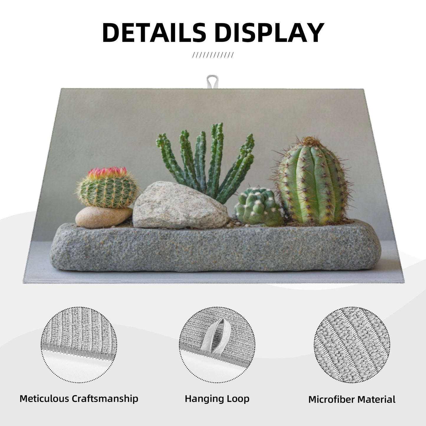 Large Succulent Cactus Stone Scene Kitchen Drying Mat, Absorbent Non-Slip Counter Protector