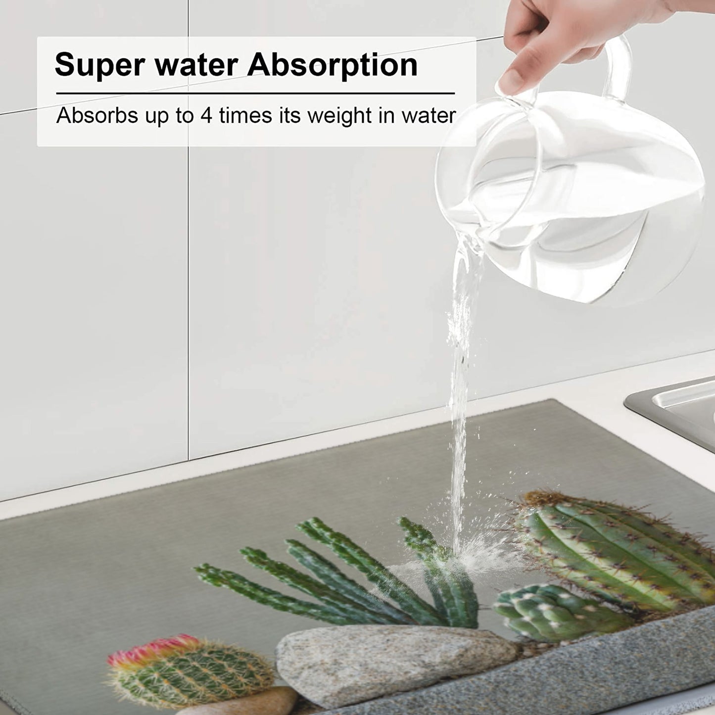 Large Succulent Cactus Stone Scene Kitchen Drying Mat, Absorbent Non-Slip Counter Protector