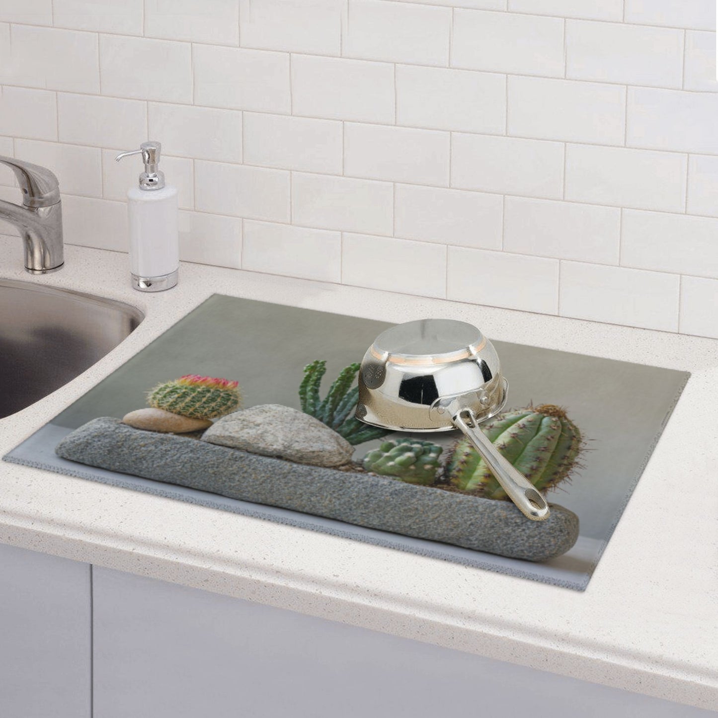 Large Succulent Cactus Stone Scene Kitchen Drying Mat, Absorbent Non-Slip Counter Protector