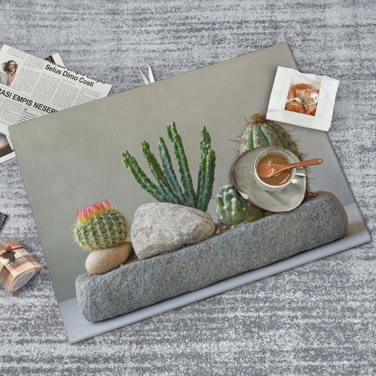 Large Succulent Cactus Stone Scene Kitchen Drying Mat, Absorbent Non-Slip Counter Protector