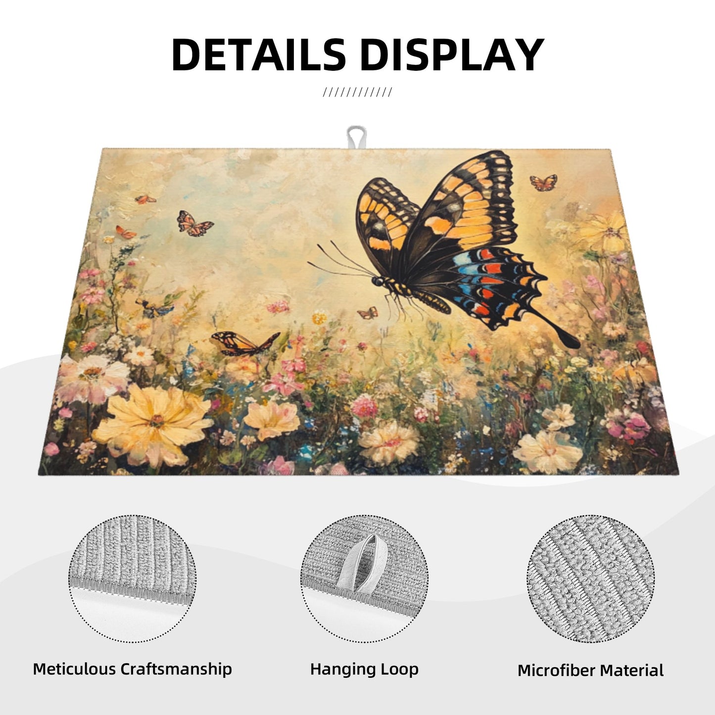 Large Butterfly and Floral Kitchen Drying Mat, Absorbent Non-Slip Counter Protector