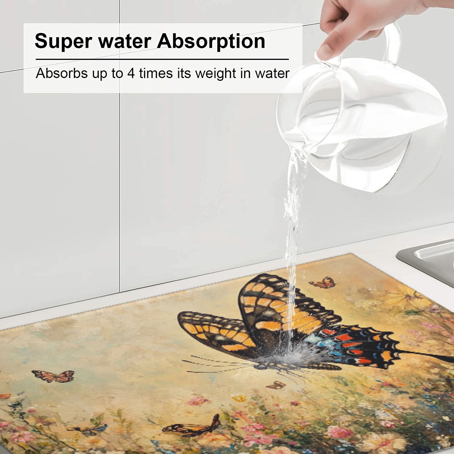 Large Butterfly and Floral Kitchen Drying Mat, Absorbent Non-Slip Counter Protector
