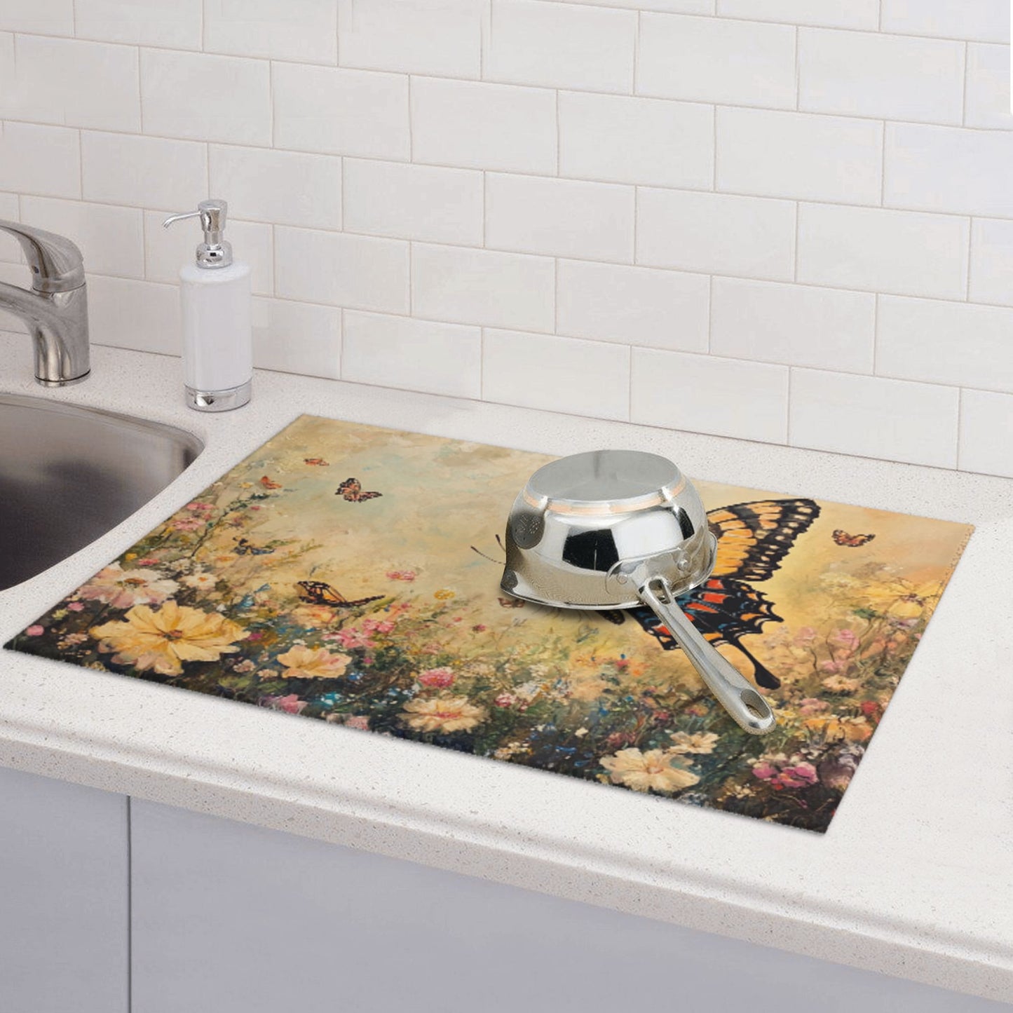 Large Butterfly and Floral Kitchen Drying Mat, Absorbent Non-Slip Counter Protector