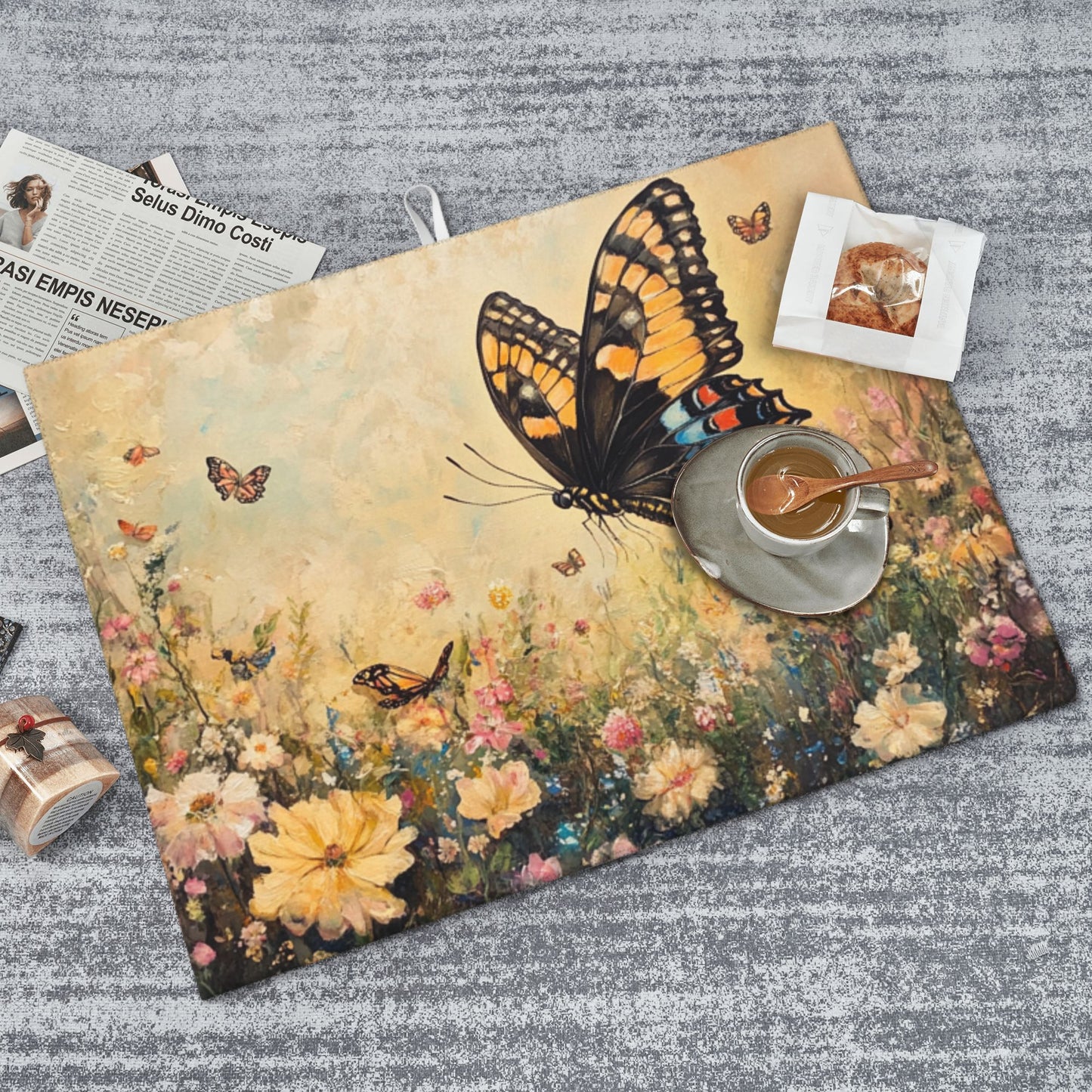 Large Butterfly and Floral Kitchen Drying Mat, Absorbent Non-Slip Counter Protector