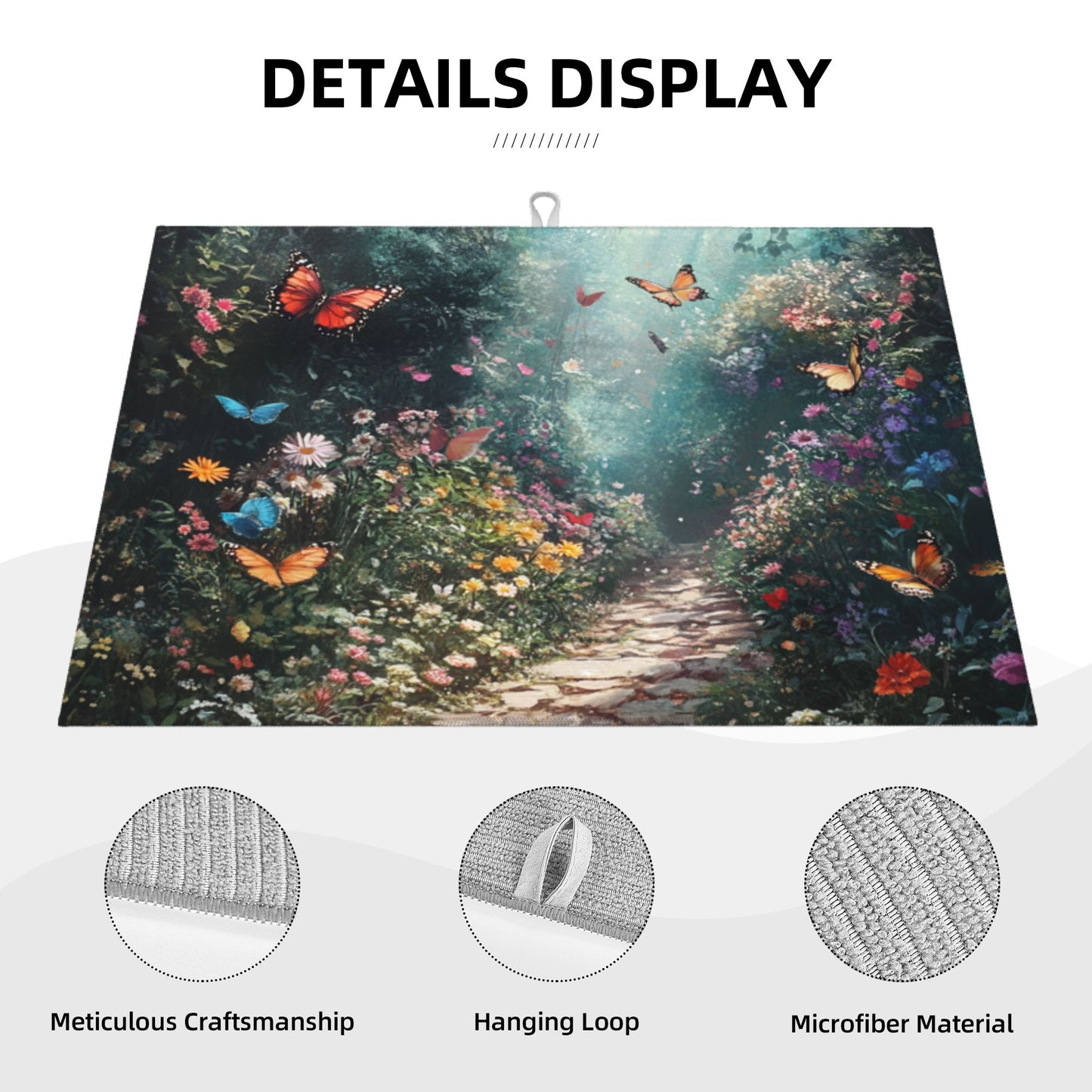 Enchanted Butterfly Garden Kitchen Drying Mat, Large Absorbent Non-Slip Counter Protector