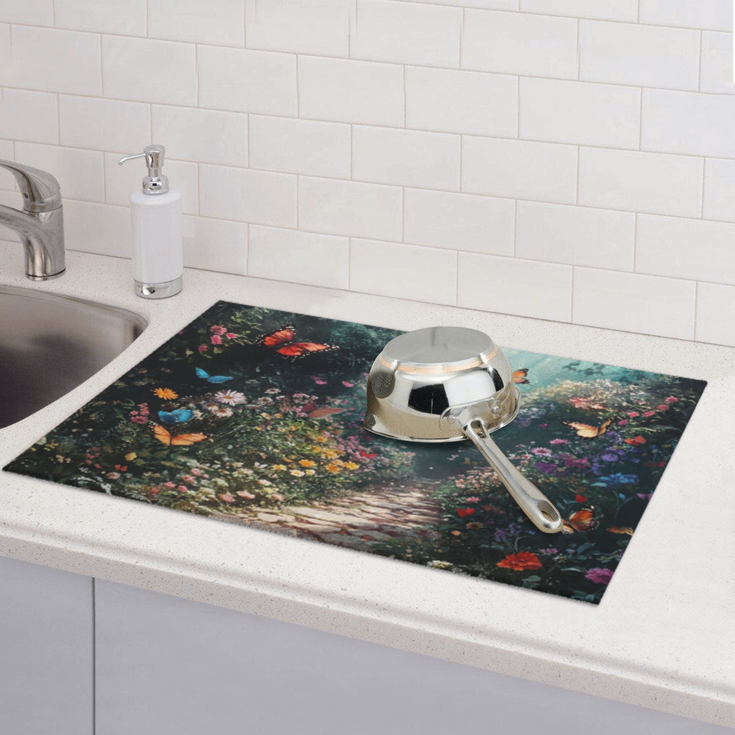 Enchanted Butterfly Garden Kitchen Drying Mat, Large Absorbent Non-Slip Counter Protector