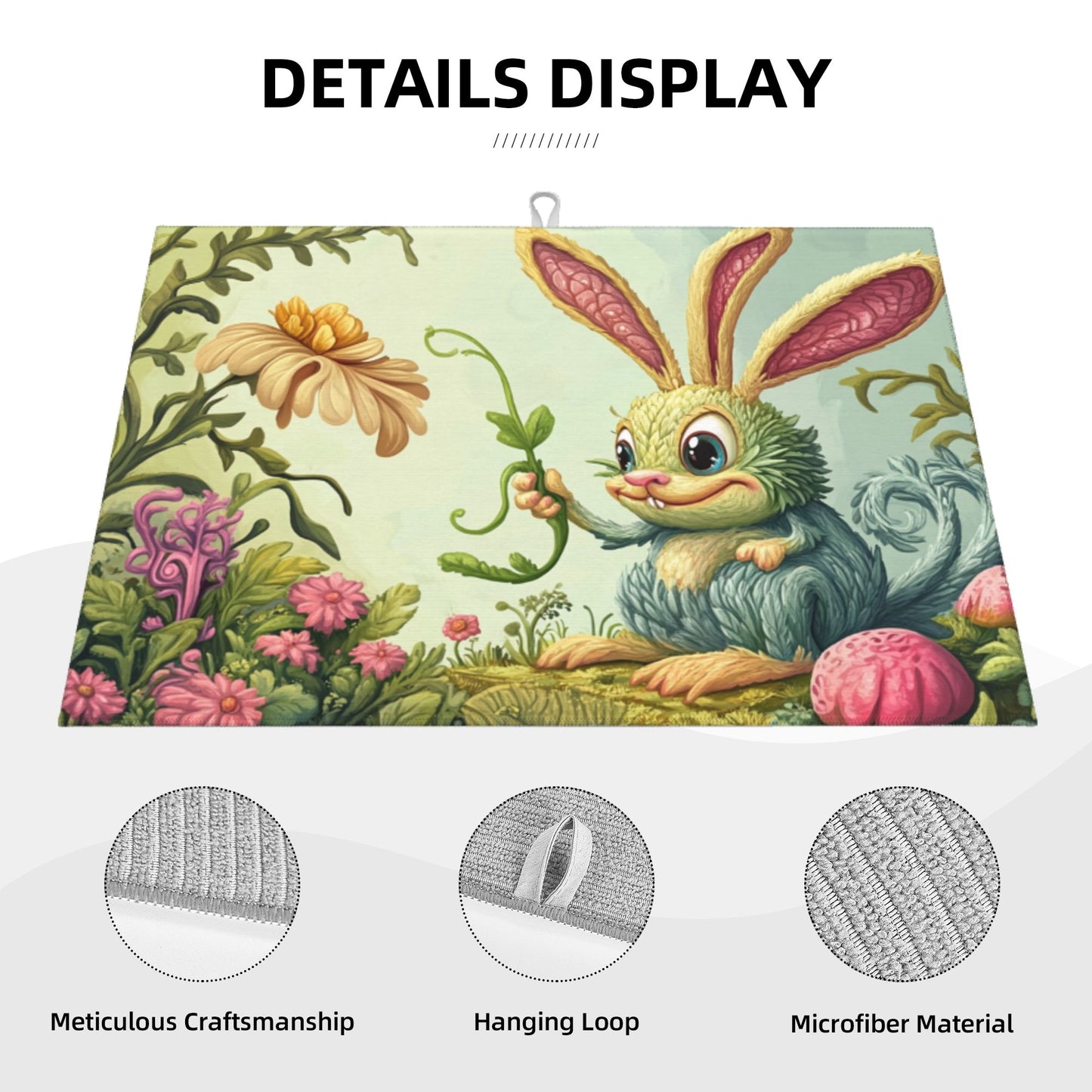 Cute Cartoon Bunny Kitchen Drying Mat, Large Absorbent Non-Slip Counter Protector