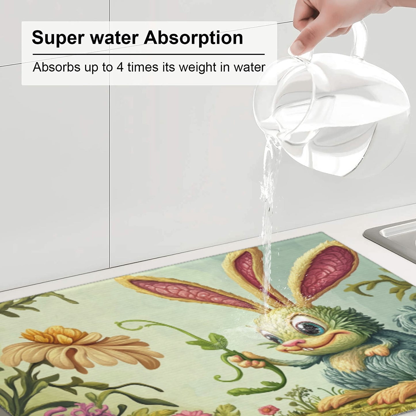 Cute Cartoon Bunny Kitchen Drying Mat, Large Absorbent Non-Slip Counter Protector