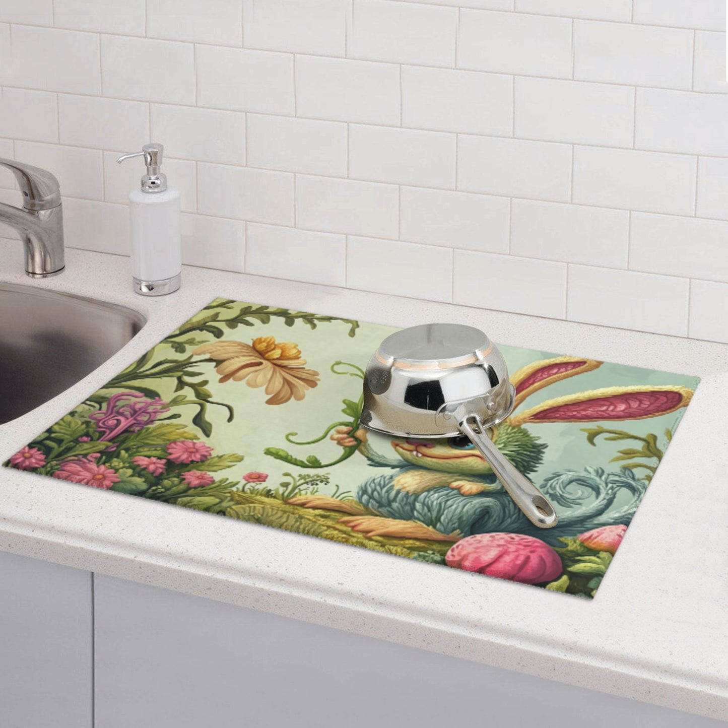 Cute Cartoon Bunny Kitchen Drying Mat, Large Absorbent Non-Slip Counter Protector