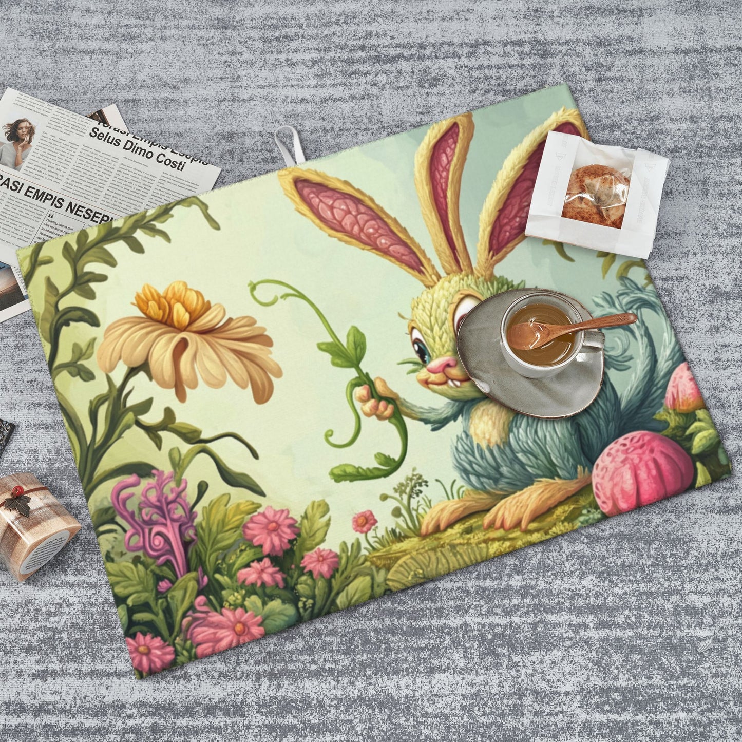 Cute Cartoon Bunny Kitchen Drying Mat, Large Absorbent Non-Slip Counter Protector
