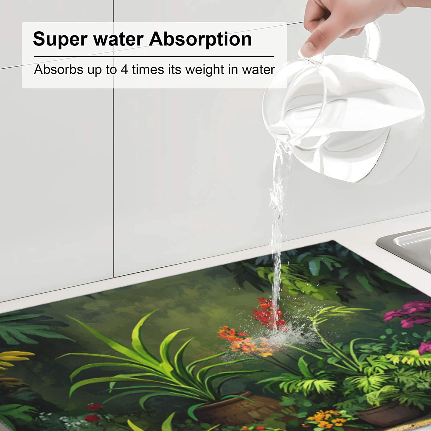 Tropical Potted Plant Kitchen Drying Mat, Large Absorbent Non-Slip Counter Protector