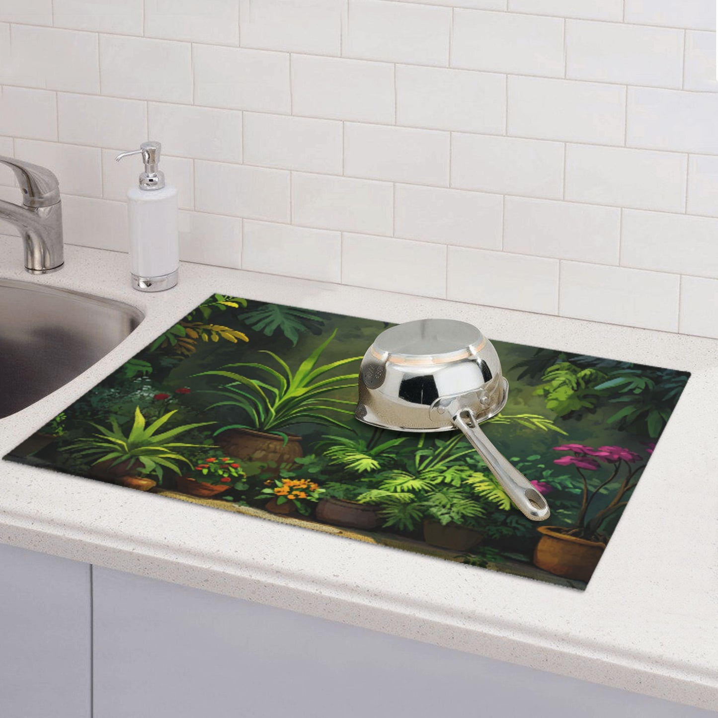 Tropical Potted Plant Kitchen Drying Mat, Large Absorbent Non-Slip Counter Protector