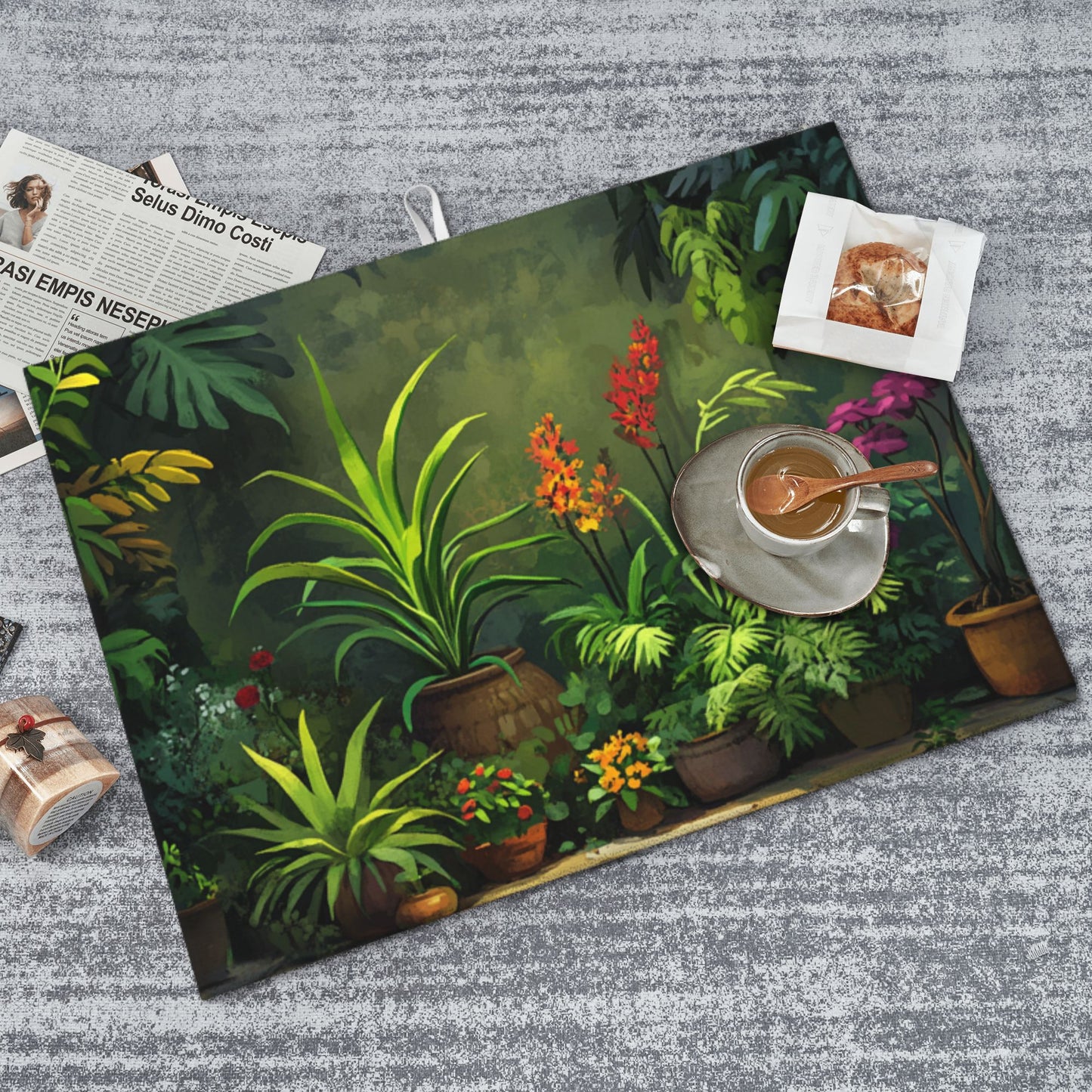 Tropical Potted Plant Kitchen Drying Mat, Large Absorbent Non-Slip Counter Protector