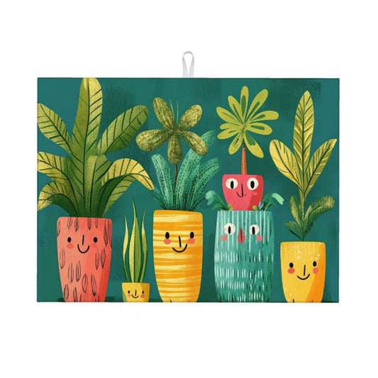 Cute Cartoon Plant Pattern Kitchen Drying Mat, Non-Slip Absorbent Counter Protector