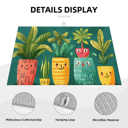 Cute Cartoon Plant Pattern Kitchen Drying Mat, Non-Slip Absorbent Counter Protector