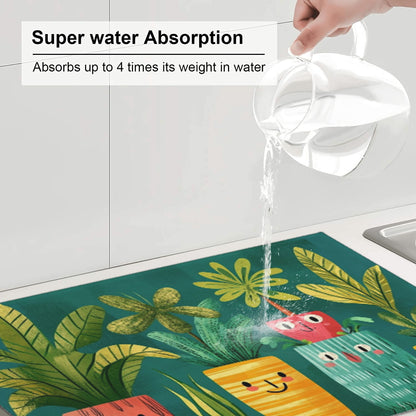 Cute Cartoon Plant Pattern Kitchen Drying Mat, Non-Slip Absorbent Counter Protector