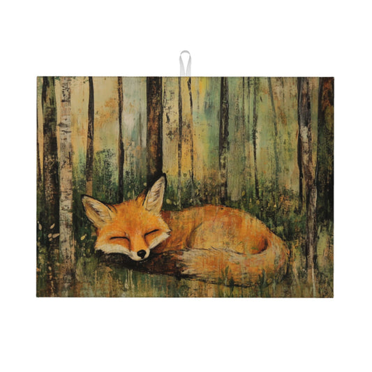 Large Sleeping Fox Forest Kitchen Drying Mat, Absorbent Non-Slip Counter Protector