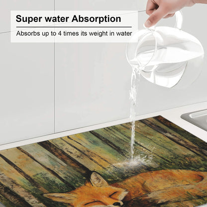 Large Sleeping Fox Forest Kitchen Drying Mat, Absorbent Non-Slip Counter Protector