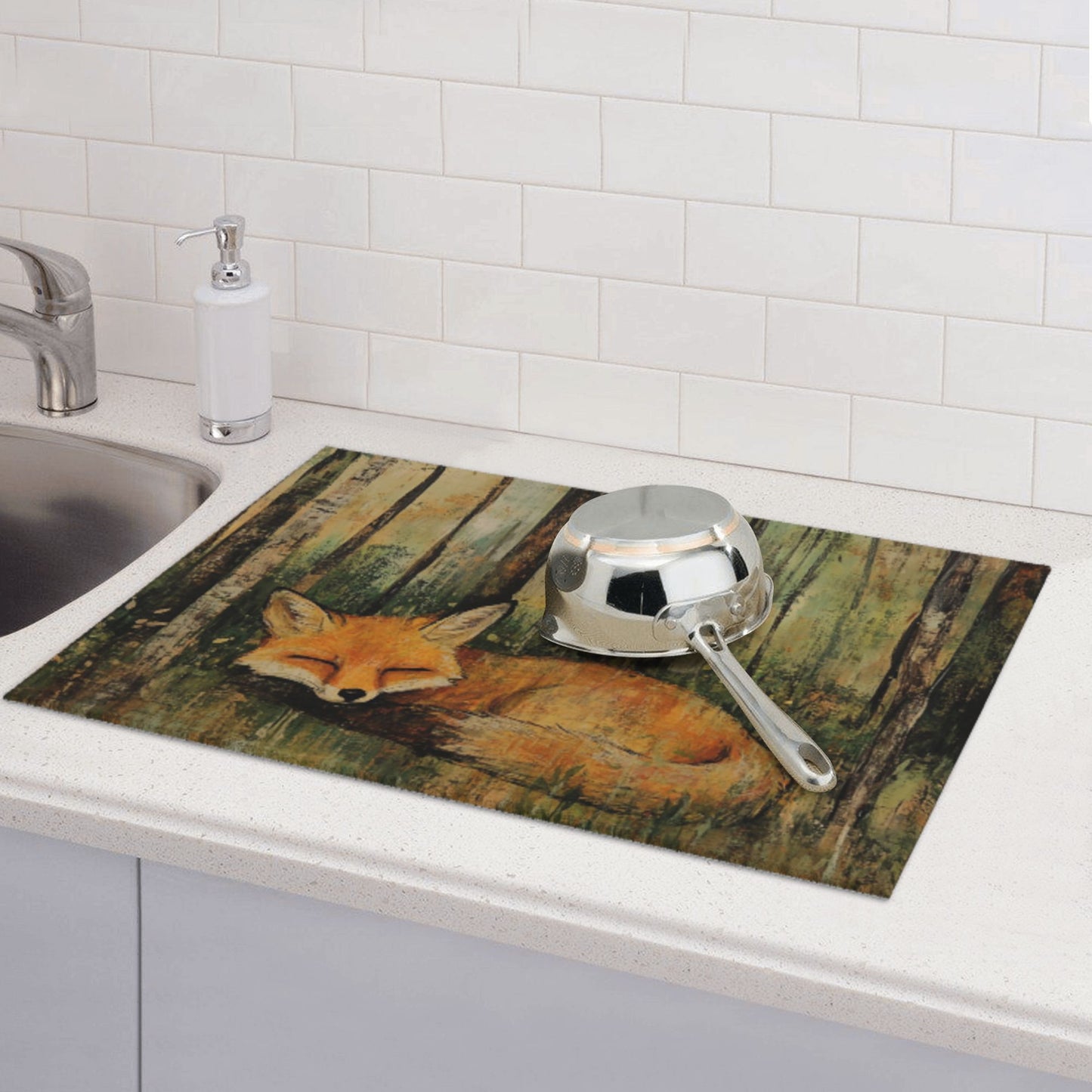 Large Sleeping Fox Forest Kitchen Drying Mat, Absorbent Non-Slip Counter Protector