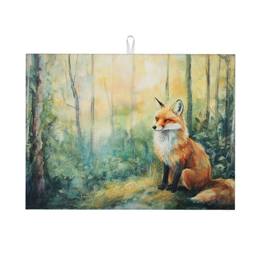 Large Forest Fox Illustration Kitchen Drying Mat, Absorbent Non-Slip Counter Protector