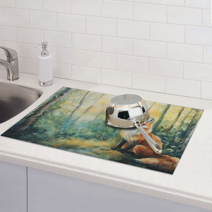 Large Forest Fox Illustration Kitchen Drying Mat, Absorbent Non-Slip Counter Protector