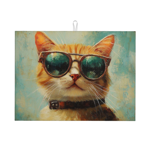 Large Cool Cat with Sunglasses Kitchen Drying Mat, Absorbent Non-Slip Counter Protector