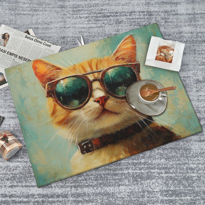 Large Cool Cat with Sunglasses Kitchen Drying Mat, Absorbent Non-Slip Counter Protector