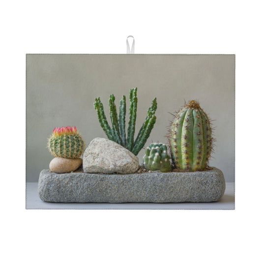 Large Succulent Cactus Stone Scene Kitchen Drying Mat, Absorbent Non-Slip Counter Protector