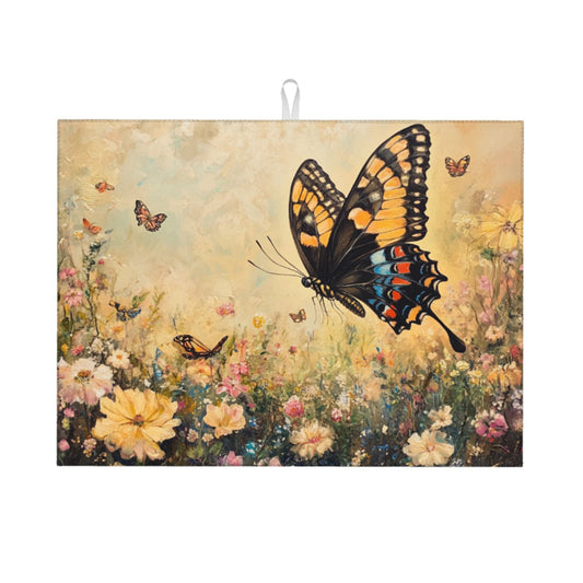 Large Butterfly and Floral Kitchen Drying Mat, Absorbent Non-Slip Counter Protector