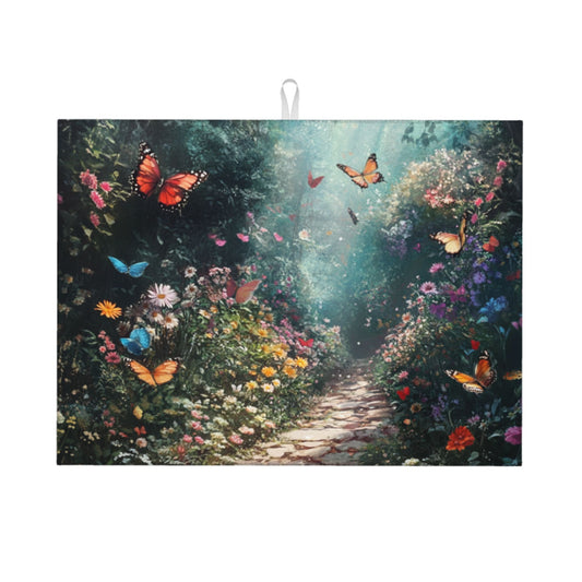 Enchanted Butterfly Garden Kitchen Drying Mat, Large Absorbent Non-Slip Counter Protector